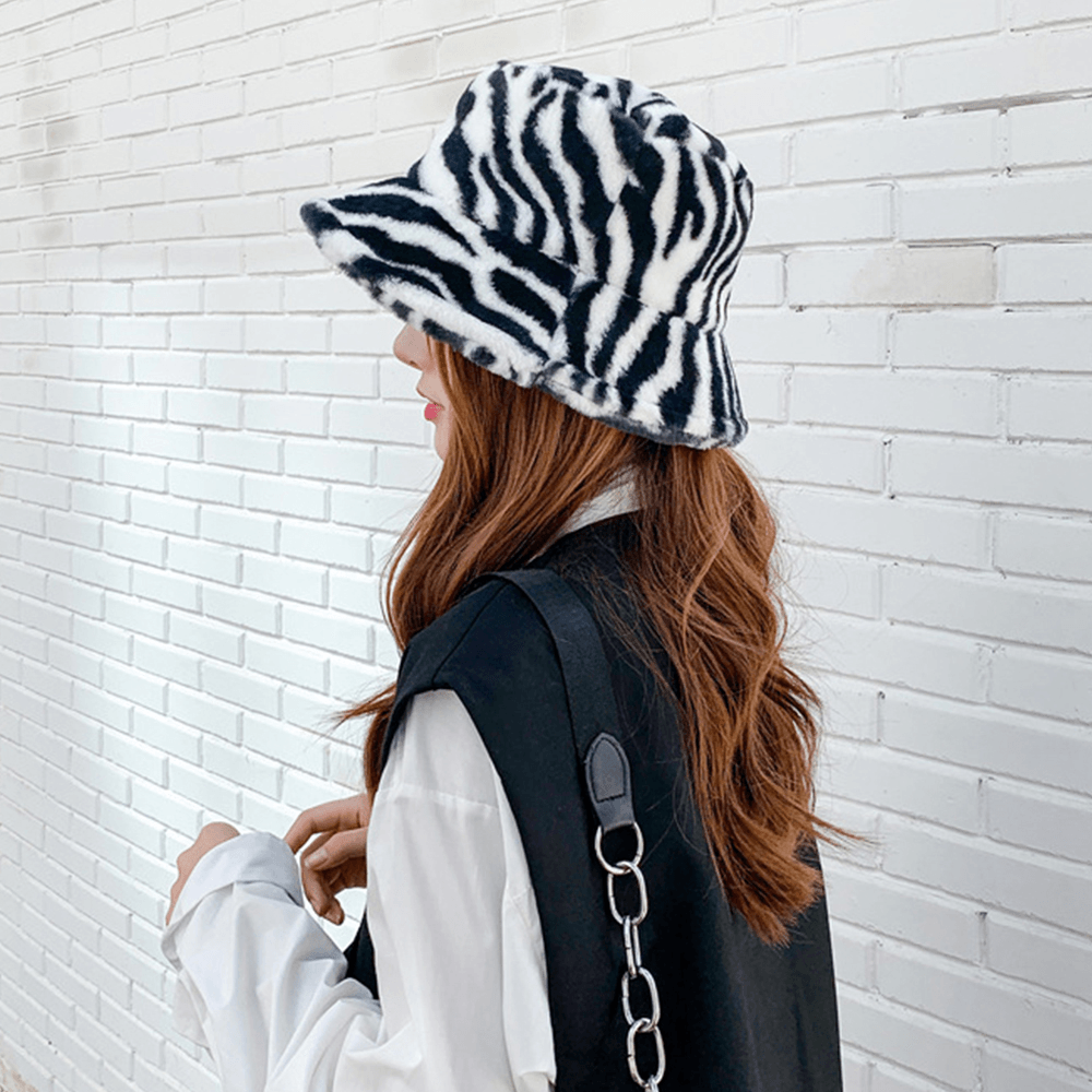 Unisex Felt Zebra Pattern plus Thicken and Velvet Warm Windproof Soft All-Match Bucket Hat - MRSLM