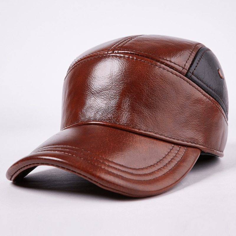 Men'S Hat Cap Warm Ear Protection Genuine Leather Leather Hat Cotton Hat Thickening Baseball Cap - MRSLM