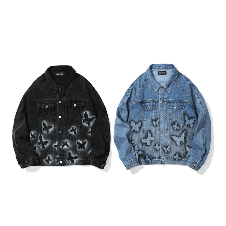 Butterfly Print Denim Jacket Men'S Ins European and American Trendy Brand Jacket - MRSLM