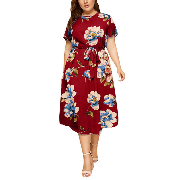 Round neck short sleeve printed waist dress - MRSLM