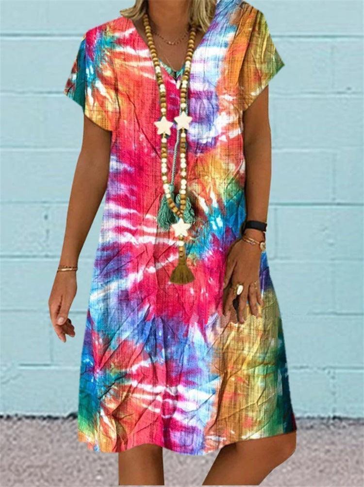 Multi-color printed short-sleeved V-neck dress - MRSLM