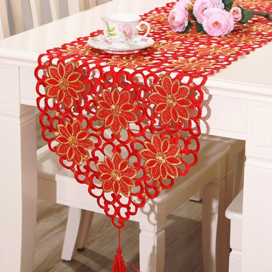 Red Flower Vintage Table Runner Tablecloth Flag With Tassel Home Wedding Party Decor - MRSLM
