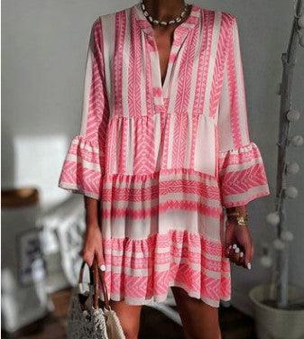 Striped print V-neck three-quarter sleeve dress - MRSLM