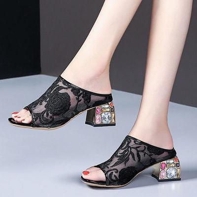 Lazy Lowheeled Leather Slippers Soft Leather Sandals And Slippers Female Fish Mouth Gold Midheel Shoes - MRSLM