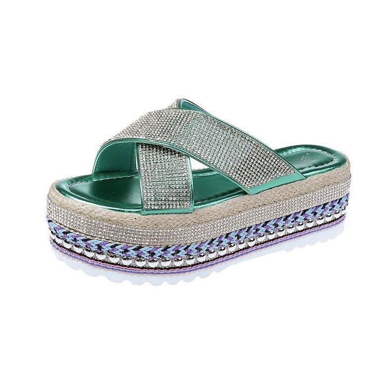 Cross Rhinestone Woven Waterproof Platform Toe Women's Slippers - MRSLM