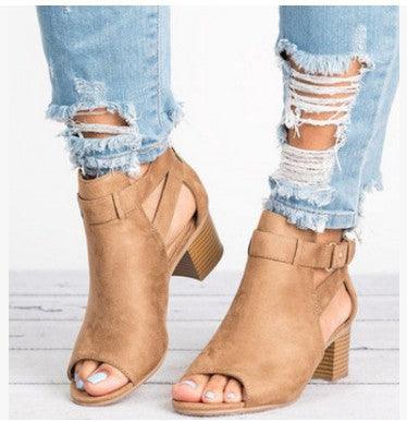 Large size thick high heel sandals fish mouth side empty buckle sandals - MRSLM
