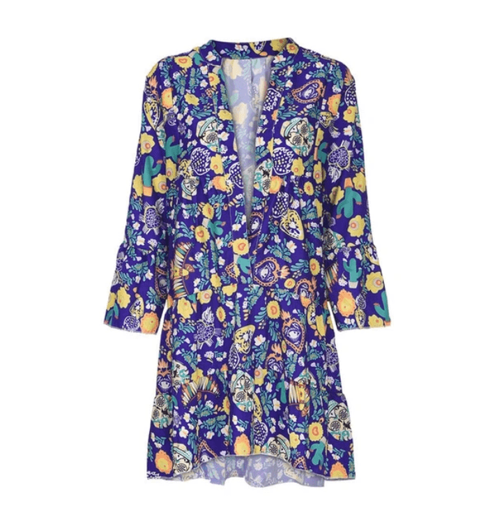 Printed V-neck button ruffled loose dress - MRSLM
