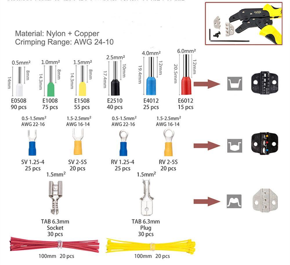 Paron JX-M5S 5 IN 1 Crimper Plier Terminal Crimper Ratchet Crimper Tube Type Crimper Tools Kit with 450Pcs Terminals - MRSLM