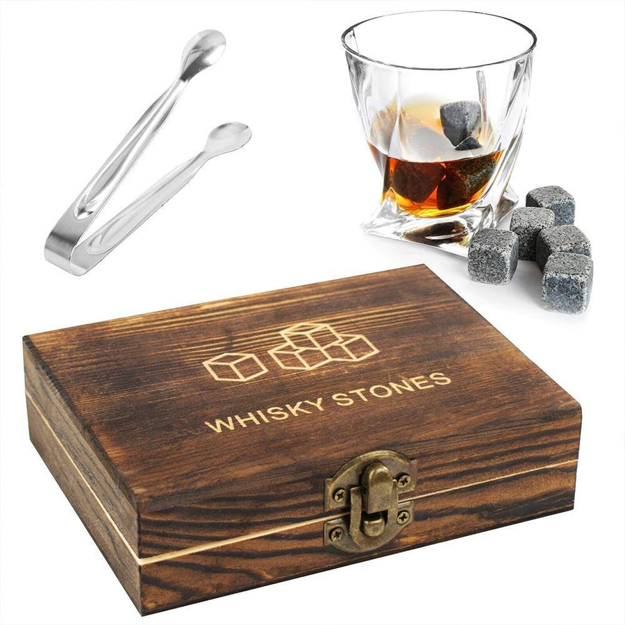 Whiskey Stones Gift Set - 9Pcs Granite Whiskey Stones Ice Cubes Whisky Rocks - Reusable Drink Cooler Chilling Stones with Tongs - MRSLM