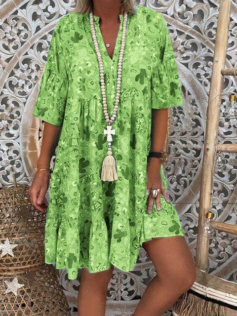 Printed V-neck button ruffled loose dress - MRSLM