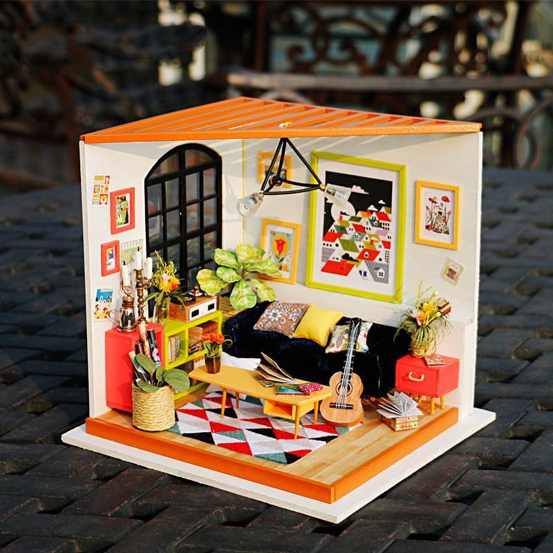 Sitting Room with Furniture Children Adult Miniature Wooden Doll House Model Building Kits Dollhouse (1style) - MRSLM