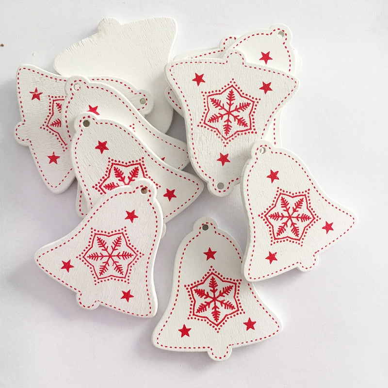 White / Red Natural Wooden Christmas Pendants 5 pcs Set