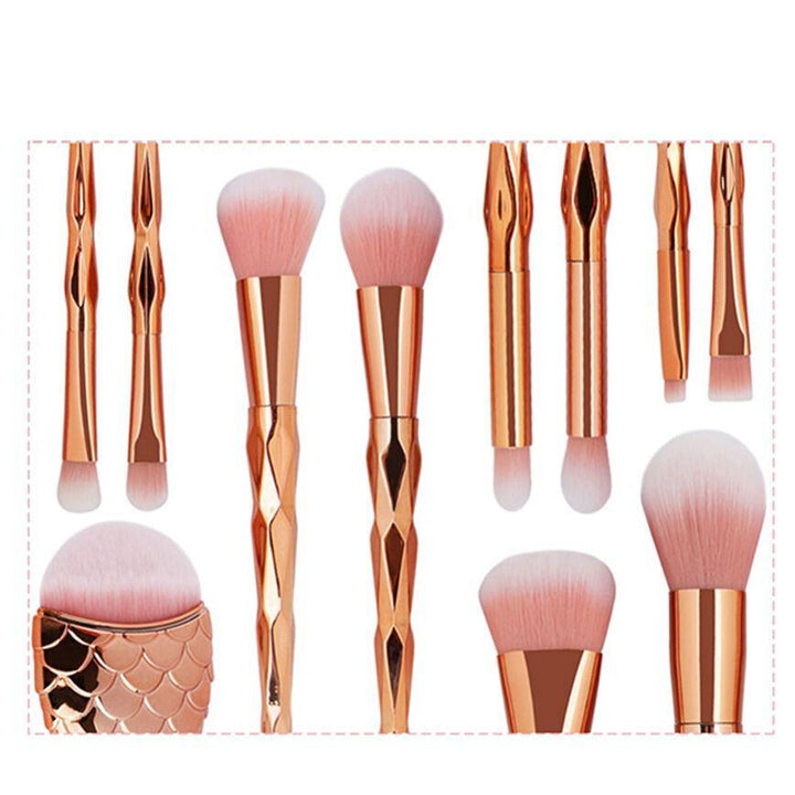 11PCS Mermaid Makeup Brushes Set Fishtail Shaped Foundation Powder Cosmetics Brushes Make Up Tools - MRSLM