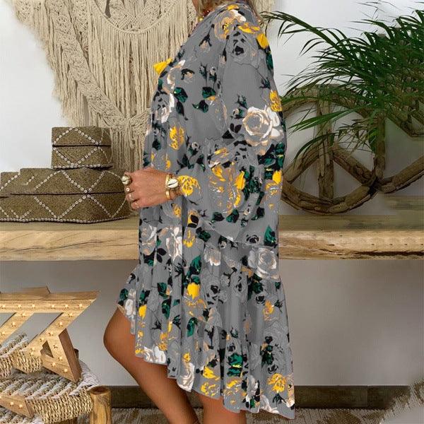 Printed V-neck button ruffled loose dress - MRSLM