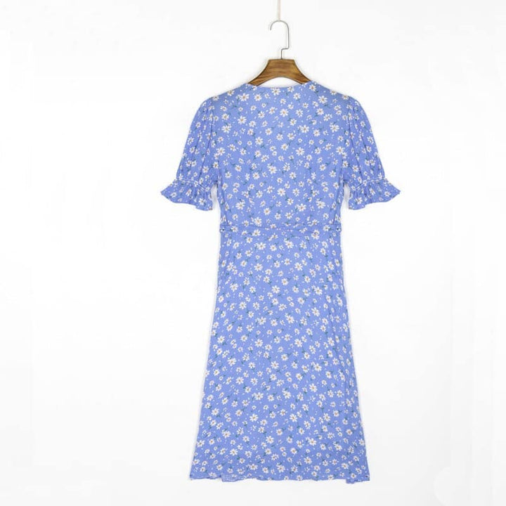 Women's Casual Floral Printed V-Neck Belted Slim Dress