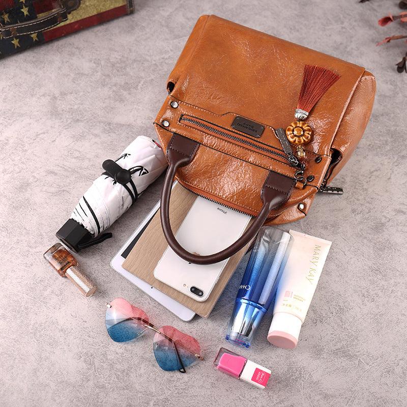 Retro Fashion Oil Wax Leather Hit Color Single-shoulder Oblique Handbag - MRSLM