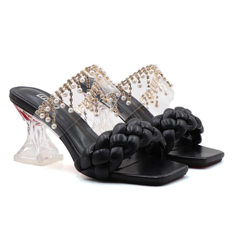 Black Chunky Woven One-line High-heeled Sandals - MRSLM