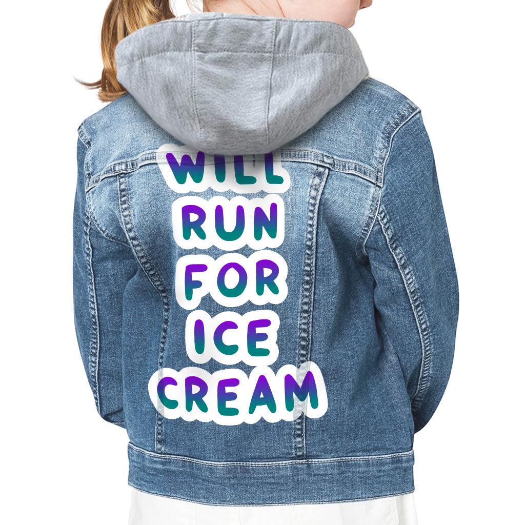 Will Run for Ice Cream Hooded Denim Jacket for Kids - Funny Jean Jacket - Cool Denim Jacket for Kids - MRSLM