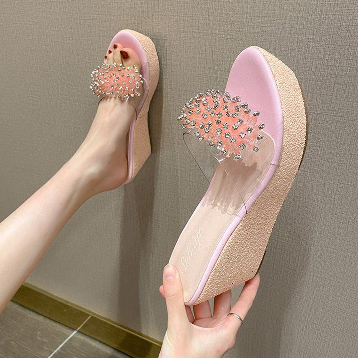 Women's Platform Thick Bottom Transparent Rhinestone Fish Mouth Slippers - MRSLM