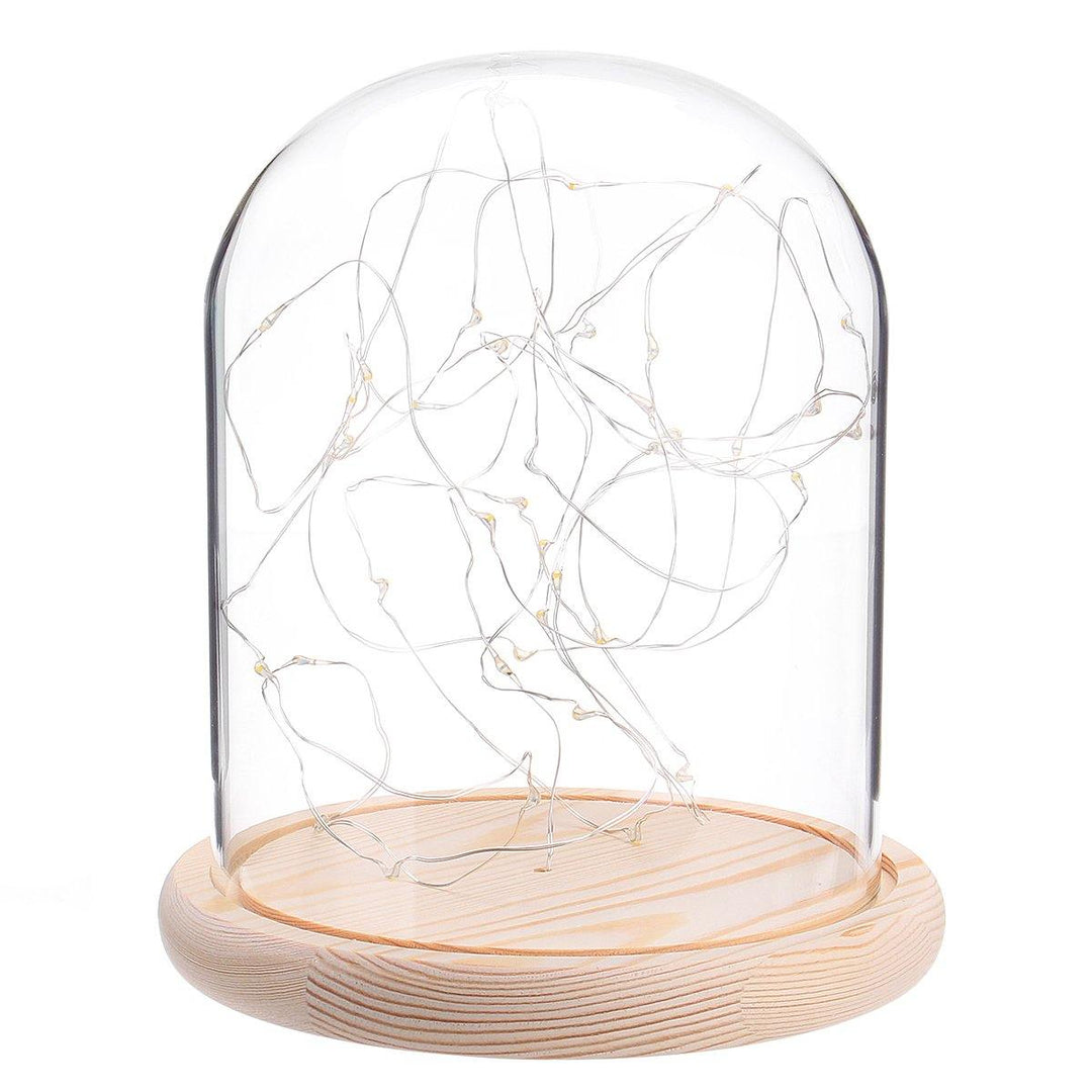 Clear Glass Display Dome Cloche Bell Jar Wooden Base DIY Decorations With 20 LED Fairy String Light (15*20cm) - MRSLM