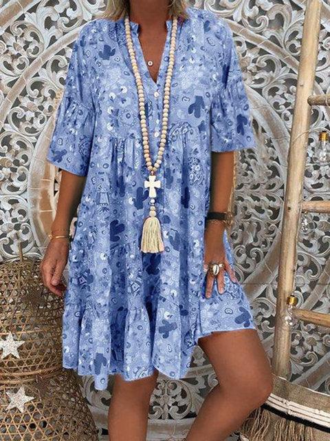Printed V-neck button ruffled loose dress - MRSLM