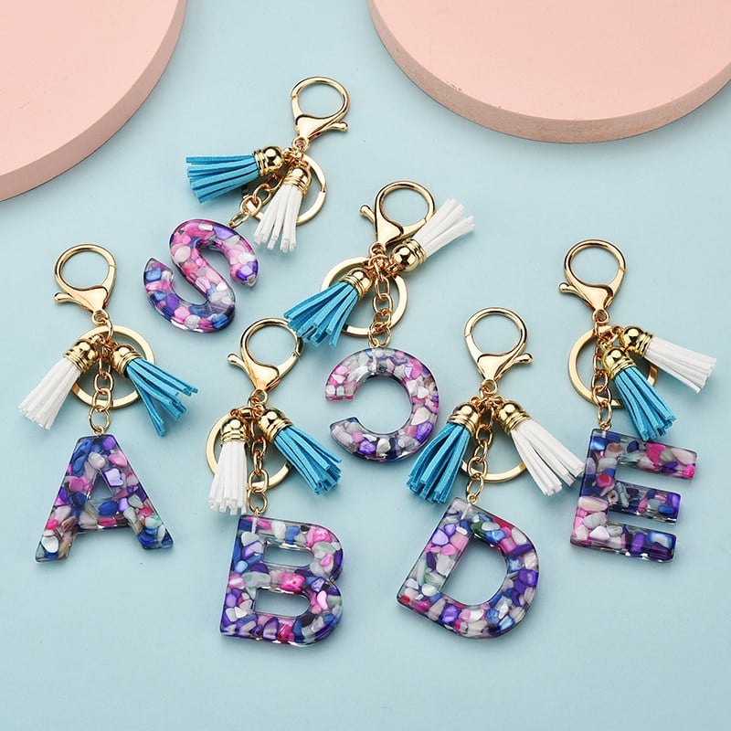 Colorful Resin Letter Key Ring with Tassel