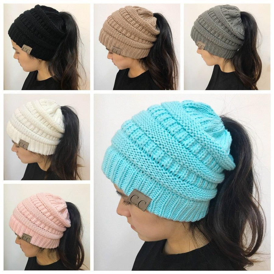 High Bun Ponytail Beanie Hat Chunky Soft Stretch Cable Knit Warm Fuzzy Lined Skull Beanie Acrylic Hats Men And Women - MRSLM