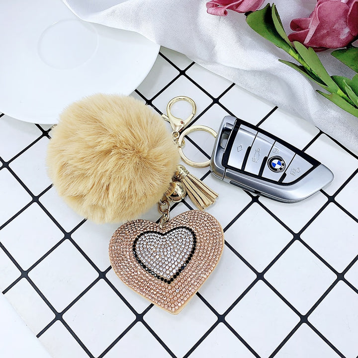 Pompom Keychain with Rhinestone Heart Charm