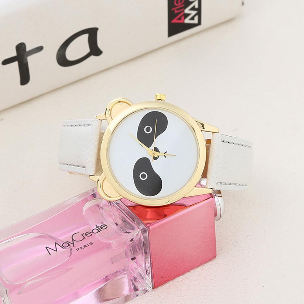 Girls Students Fashion Cartoon Panda Dial Faux Leather Analog Quartz Wrist Watch - MRSLM