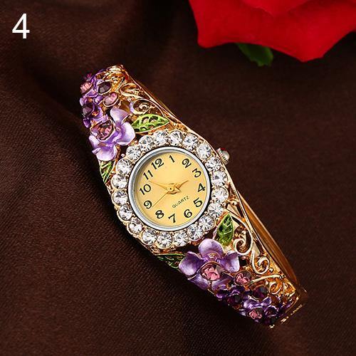 Women's Beautiful Flower Band Hollow Out Bangle Crystal Quartz Bracelet Watch Jewelry - MRSLM