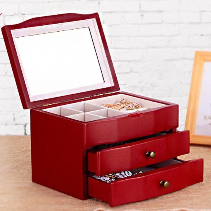 Wooden Jewelry Box with Mirror Three Floors Make-up Box Jewelry Dressing Box - MRSLM