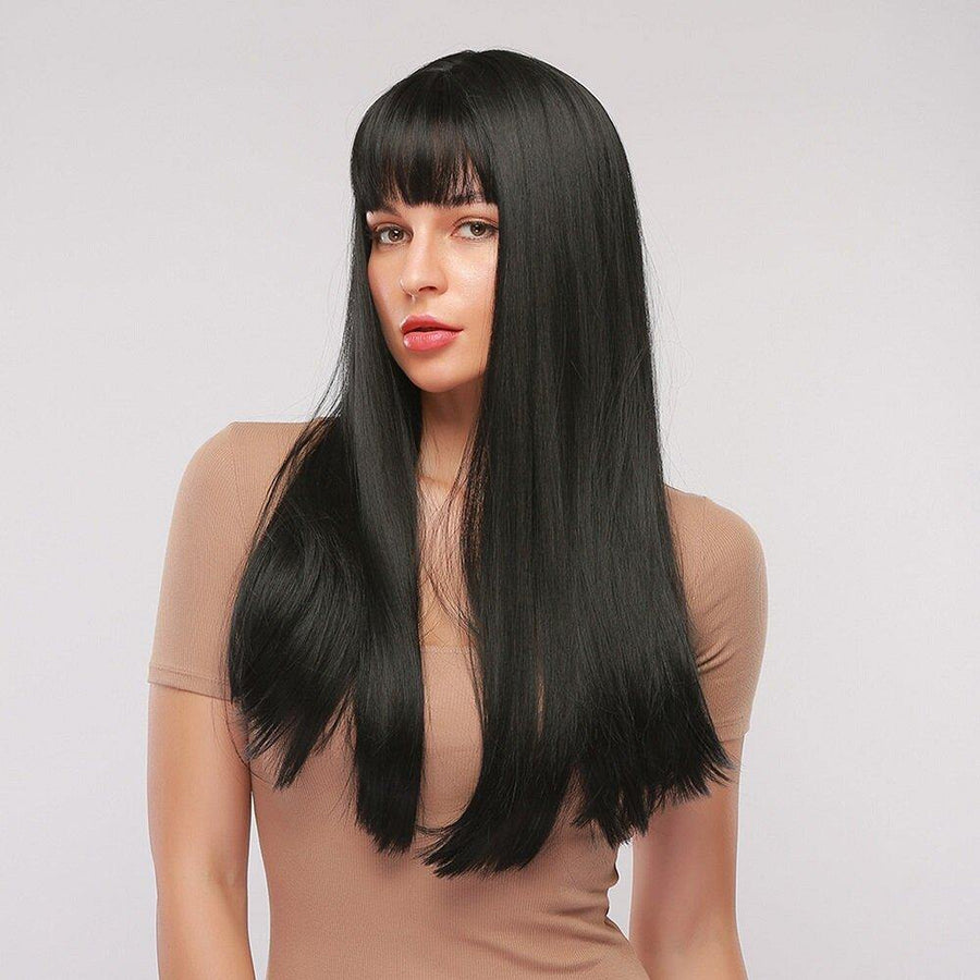 28 Inch Black Long Straight Hair Soft Natural Bangs Chemical Fiber Wig - MRSLM