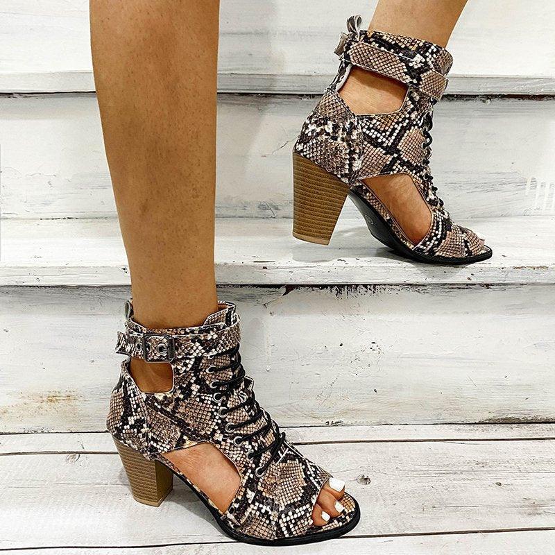 Fish Mouth Snake Print Thick Heel High-heel Sandals - MRSLM