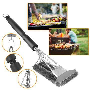 45cm 3-Head Barbecue Oven Grill Cleaning Brush Steel Wire Heads BBQ Clean Tool - MRSLM