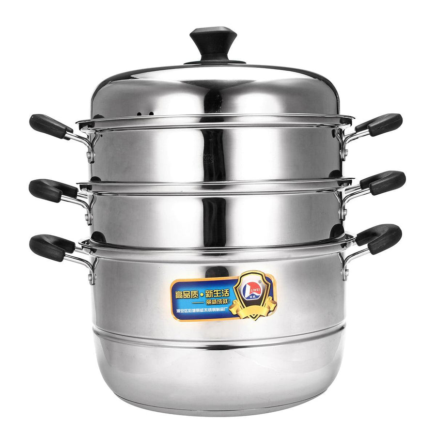 28/32cm 3 Tier Stainless Steel Steamer Cookware Steam Pot Set Kitchen Cooking Tools - MRSLM