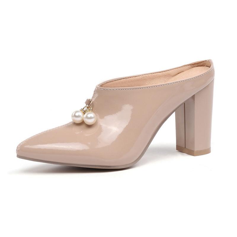 Pearl Pointed Toe Sandals Slip-ons Toe Toe Block Heel Women's Shoes - MRSLM