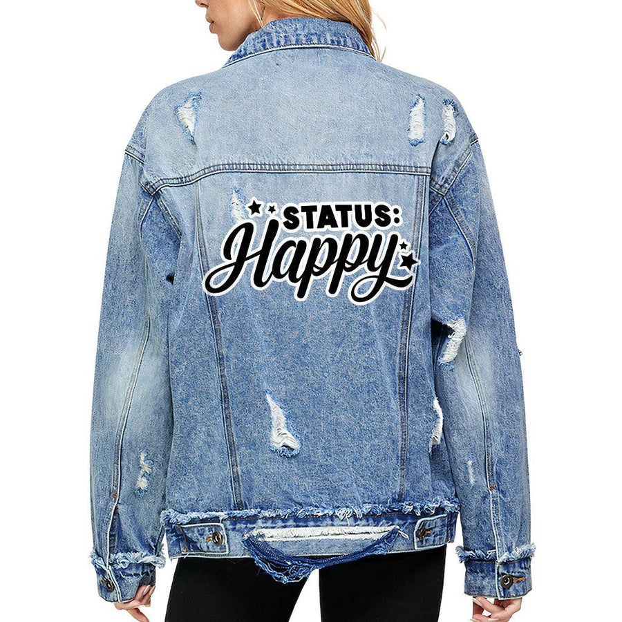 Status Happy Women's Oversized Denim Jacket - Cute Ladies Denim Jacket - Printed Denim Jacket - MRSLM