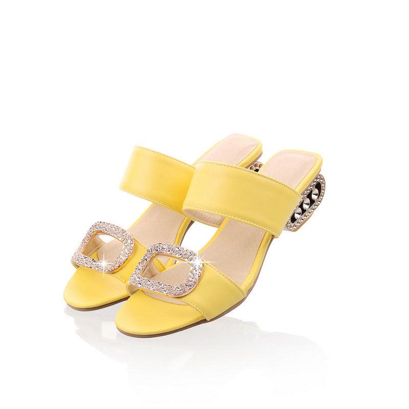 One-line Slippers Low-heeled Square Heel, Rhinestone Half-drag Women's Shoes - MRSLM