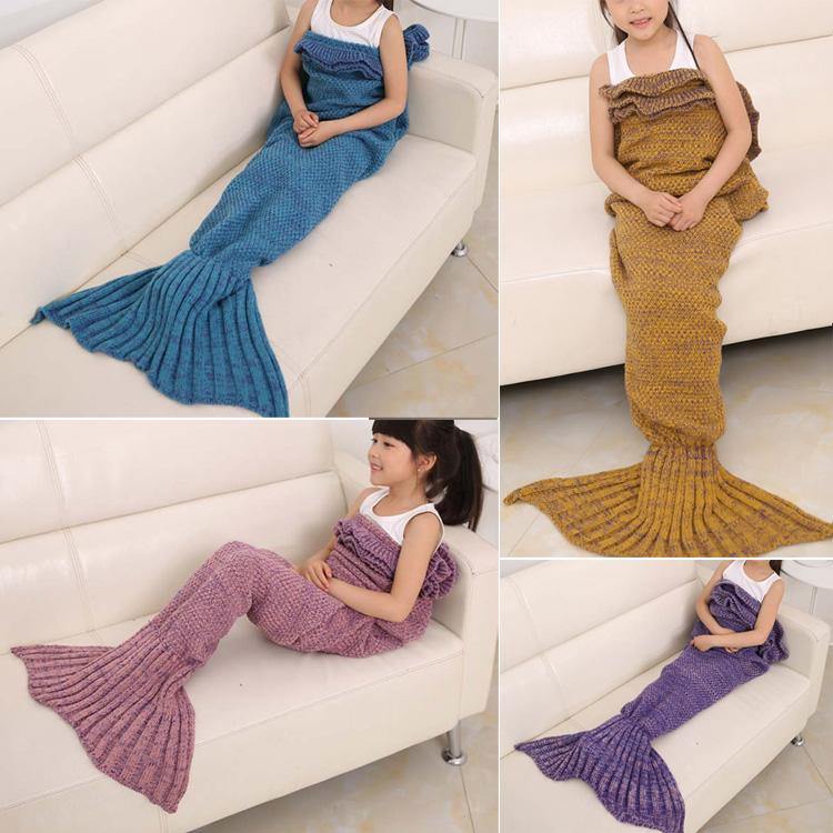 70x140cm Child Yarn Knitted Mermaid Tail Blanket Handmade Crochet Throw Super Soft Sofa Bed Mat - MRSLM