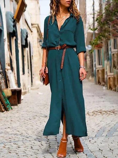 Women's Split Long Dress Skirt - Solid Color, Long Sleeves for Elegant Look - MRSLM