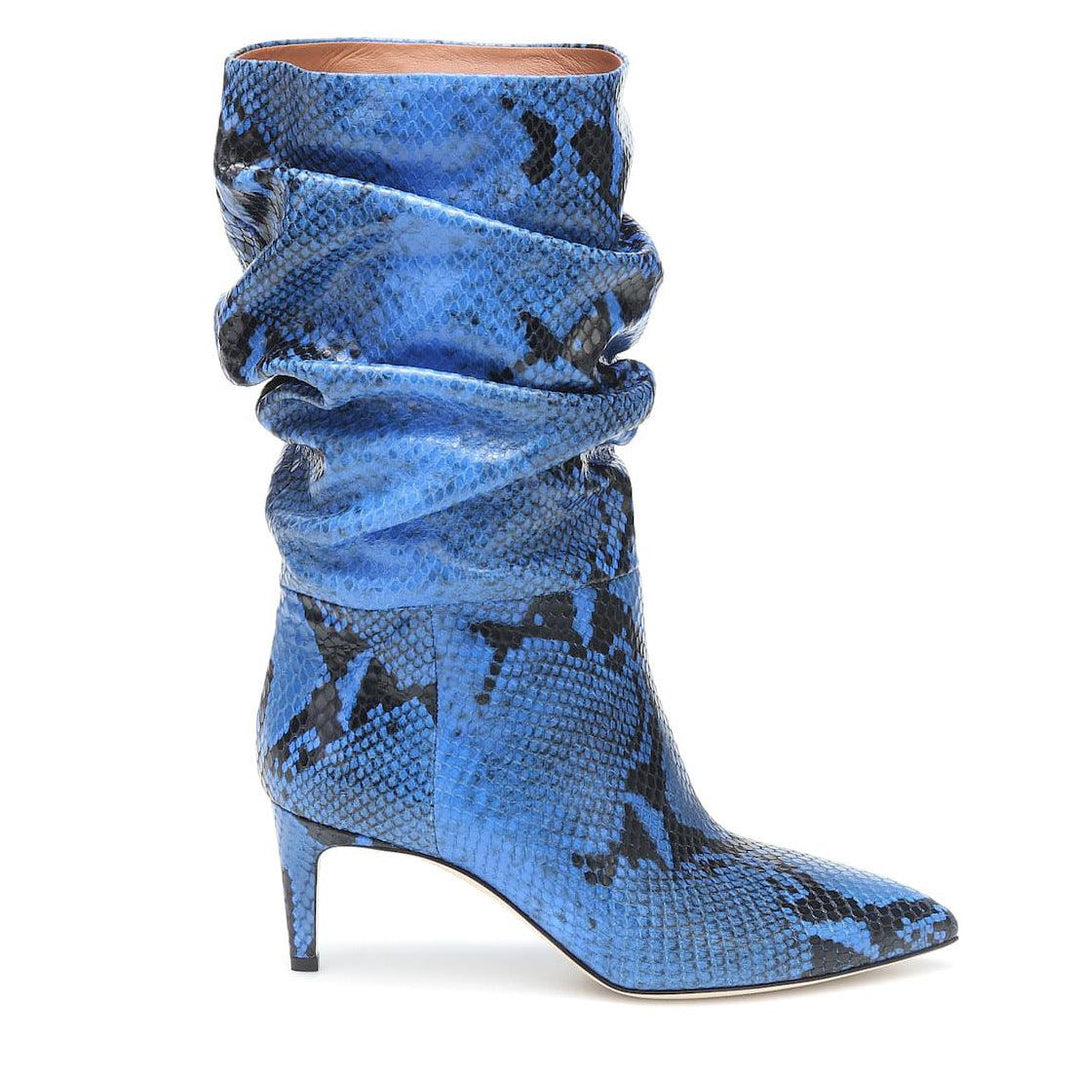 Pointed Toe Stiletto High Heel Snake Print Pleated Mid-top Boots Purple And Silver Women's Boots - MRSLM