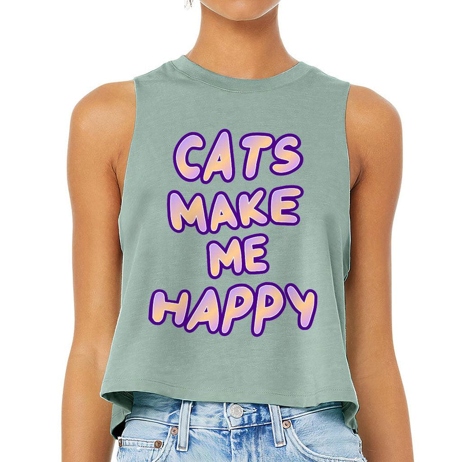 Cats Make Me Happy Racerback Cropped Tank - Cute Women's Tank - Best Design Tank Top - MRSLM