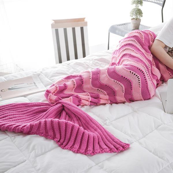 95x195CM Yarn Knitting Mermaid Tail Blanket Wave Stripe Warm Super Soft Sleep Bag Bed Mat - MRSLM