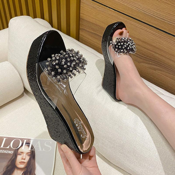 Women's Platform Thick Bottom Transparent Rhinestone Fish Mouth Slippers - MRSLM