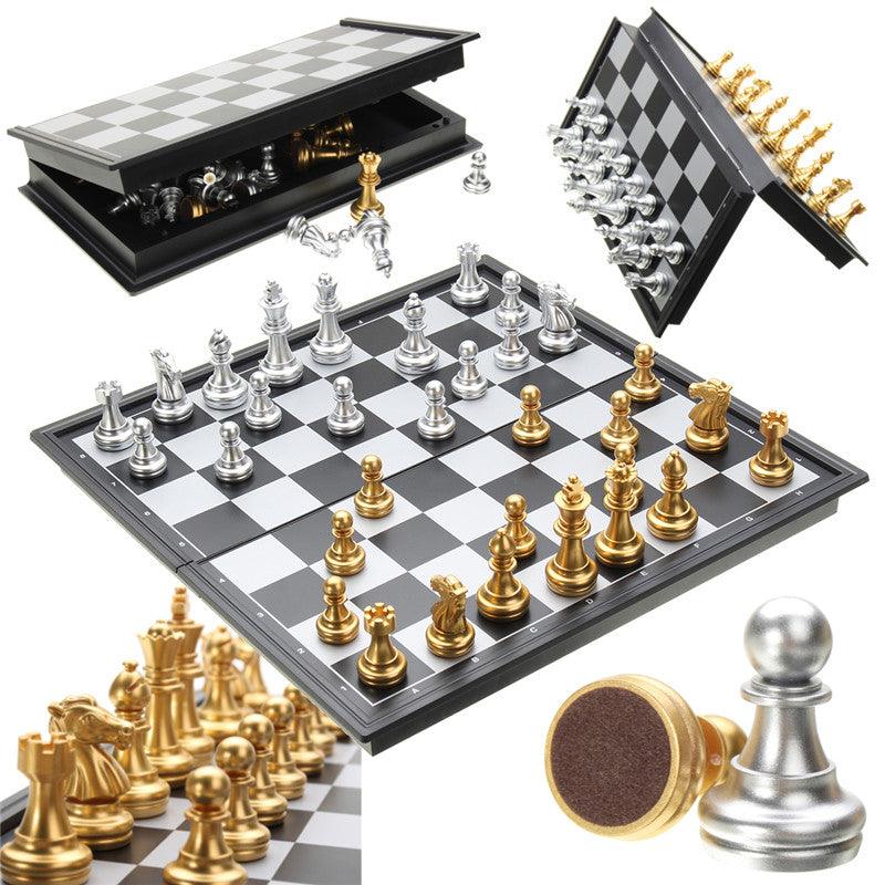 Chess Game Silver Gold Pieces Folding Magnetic Foldable Board Contemporary Set - MRSLM
